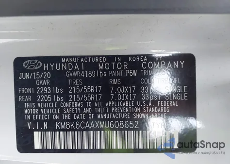 2021 Hyundai Kona Sel Plus z USA, uszkodzony, nr VIN KM8K6CAAXMU608652